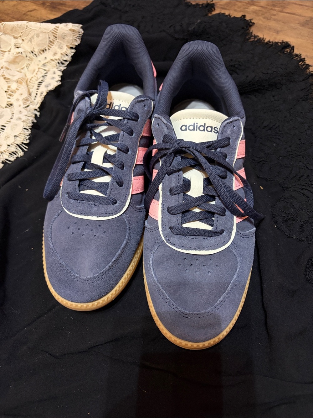 adidas Men’s Navy Suede Sneakers with Pink Stripes